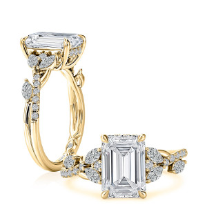 A.JAFFE MECEC4662L/374 14 Karat engagement ring, emerald cut engagement ring with marquise leaf accents, angled and top view in yellow gold