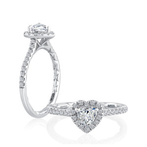 A.JAFFE MECHS2935Q/75 Platinum engagement ring, white gold heart halo engagement ring, standing profile paired with top down view of the head