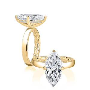 A.JAFFE MECMQ3575Q/208 14 Karat engagement ring, yellow gold marquise engagement ring, upright profile and top view together