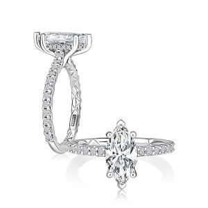 A.JAFFE MECMQ3728Q/248 14 Karat engagement ring, a.JAFFE white gold marquise pave engagement ring, profile and top view