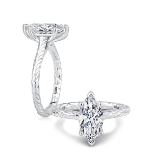 A.JAFFE MECMQ3743Q/200 14 Karat engagement ring, white gold marquise solitaire engagement ring, upright profile view with a reclining top view