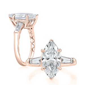 A.JAFFE MECMQ4210Q/355 14 Karat engagement ring, rose gold marquise three stone ring shown in angled and standing profile views