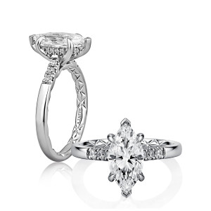 A.JAFFE MECMQ4353Q/216 14 Karat engagement ring, a.JAFFE white gold marquise engagement ring, profile and top view together