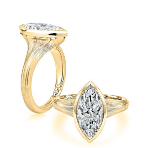 A.JAFFE MECMQ4642L/301 14 Karat engagement ring, marquise bezel engagement ring in yellow gold, top and angled views