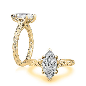 A.JAFFE MECMQ4650Q/200 14 Karat engagement ring, marquise leaf motif engagement ring, angled and top view in yellow gold