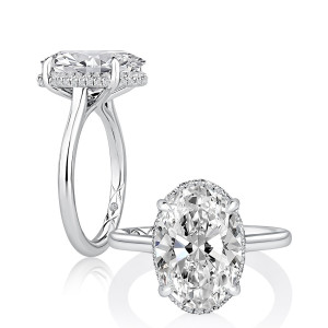 A.JAFFE MECOV2015L/218 14 Karat engagement ring, white gold oval solitaire engagement ring, angled and top views together