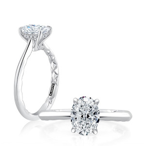 A.JAFFE MECOV2211Q/410B 14 Karat engagement ring, white gold oval hidden halo semi-mount, angled and top down views shown together
