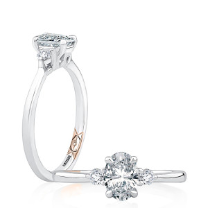 A.JAFFE MECOV2542/161 Platinum engagement ring, white gold three stone oval engagement ring, upright profile and top view together