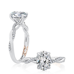 A.JAFFE MECOV2544/210B 14 Karat engagement ring, white gold oval center ring, angled and top view with contrasting interior plaque