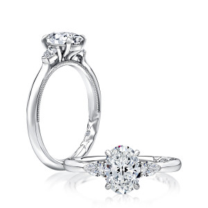 A.JAFFE MECOV2616/140B 14 Karat engagement ring, white gold oval three stone engagement ring, upright profile view with a reclining top view