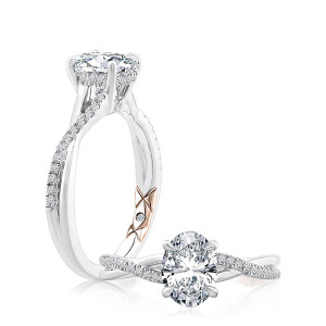 A.JAFFE MECOV2734/146 14 Karat engagement ring, a.JAFFE white gold oval crossover split shank ring, profile and top view