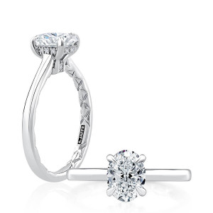 A.JAFFE MECOV2815Q/206B 14 Karat engagement ring, white gold oval solitaire shown in angled and standing profile views