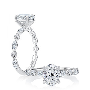 A.JAFFE MECOV2929T/312 14 Karat engagement ring, white gold oval engagement ring with alternating marquise and round band, profile and top views
