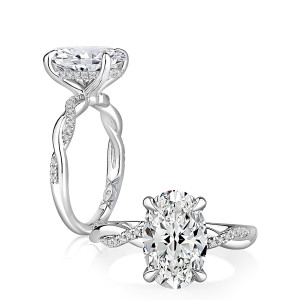 A.JAFFE MECOV2943L/317 14 Karat engagement ring, white gold oval twisted split shank engagement ring, profile view with a reclining top view