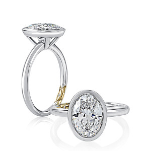 A.JAFFE MECOV3006L/250B 14 Karat engagement ring, white gold bezel set oval solitaire in angled and standing profile views