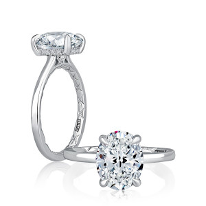 A.JAFFE MECOV3030Q/308 14 Karat engagement ring, white gold oval hidden halo semi-mount, angled and top down views shown together
