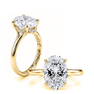 A.JAFFE MECOV3052Q/409B 14 Karat engagement ring, oval solitaire engagement ring with hidden halo in yellow gold, top and angled views