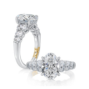 A.JAFFE MECOV3093L/435 14 Karat engagement ring, white gold oval diamond band standing profile view beside a top view of the setting