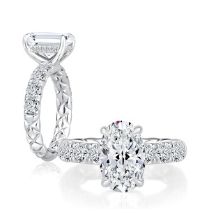 A.JAFFE MECOV3397Q/523 14 Karat engagement ring, white gold oval hidden halo ring, profile and top pair view