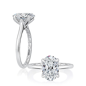 A.JAFFE MECOV3411Q/200 14 Karat engagement ring, white gold oval solitaire engagement ring, angled standing view with top view alongside