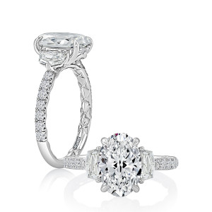 A.JAFFE MECOV3459Q/290 14 Karat engagement ring, white gold three stone engagement ring, standing profile paired with top down view of the head