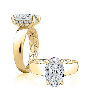 A.JAFFE MECOV3576Q/309 14 Karat engagement ring, yellow gold wide band oval solitaire in angled and standing profile views
