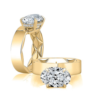 A.JAFFE MECOV3578Q/309 14 Karat engagement ring, yellow gold east west oval wide band ring, angled and top views together