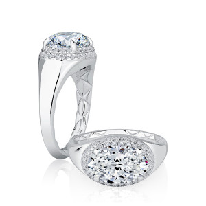 A.JAFFE MECOV3587Q/335 14 Karat engagement ring, white gold wide tapered shank oval halo ring, upright profile and top view together