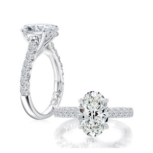 A.JAFFE MECOV3695L/378 14 Karat engagement ring, white gold oval semi mount, angled and lying views showing the gallery rail and pave shoulders