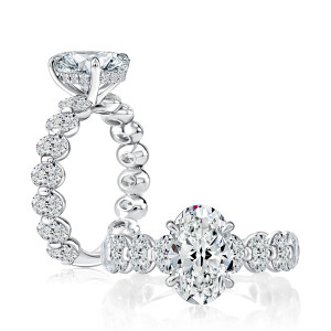 A.JAFFE MECOV3696L/420 14 Karat engagement ring, white gold engagement ring profile view with a top view alongside