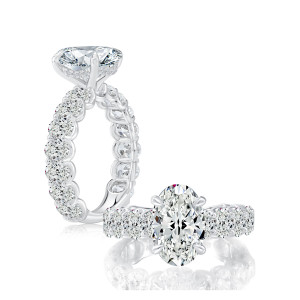 A.JAFFE MECOV3706T/587 14 Karat engagement ring, white gold oval center ring, angled and top view with oval set band