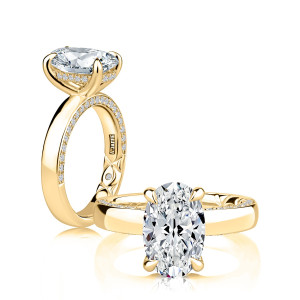A.JAFFE MECOV3729L/339 14 Karat engagement ring, yellow gold oval engagement ring, paired standing profile and reclining top view