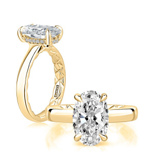 A.JAFFE MECOV3929Q/156 14 Karat engagement ring, yellow gold oval solitaire shown in angled and standing profile views