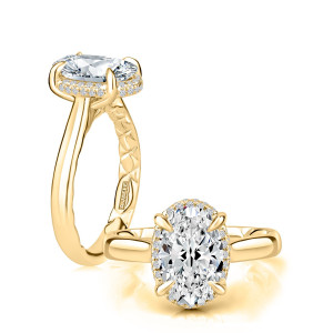 A.JAFFE MECOV3930Q/319 14 Karat engagement ring, yellow gold oval engagement ring with melee halo, angled and top views together