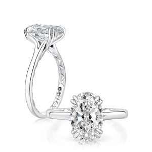 A.JAFFE MECOV4179Q/300 14 Karat engagement ring, white gold oval solitaire semi mount, upright profile and top view together