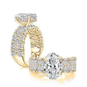A.JAFFE MECOV4188L/733GE 14 Karat engagement ring, yellow gold oval diamond wide band standing view showing the openwork gallery beside a top view