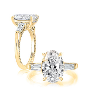 A.JAFFE MECOV4211/471 14 Karat engagement ring, yellow gold oval and baguette ring, angled and top view with milgrain shank