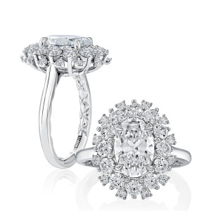 A.JAFFE MECOV4213Q/345 14 Karat engagement ring, white gold oval cluster halo ring, profile and top pair view