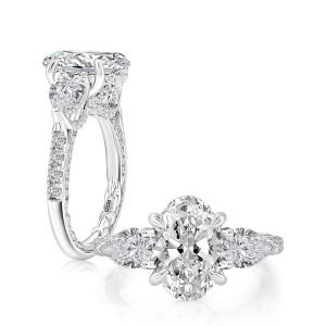 A.JAFFE MECOV4320Q/553 14 Karat engagement ring, oval three stone engagement ring in white gold, standing profile beside a top view