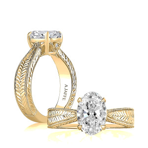 A.JAFFE MECOV4397/202 14 Karat engagement ring, yellow gold oval solitaire engagement ring, standing profile paired with top down view