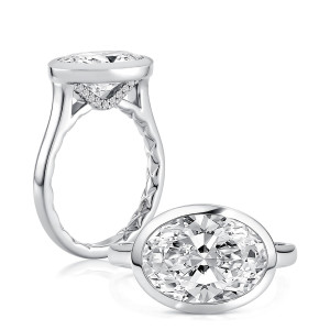 A.JAFFE MECOV4437Q/409 14 Karat engagement ring, a.JAFFE white gold east west oval bezel ring, profile and top view