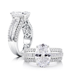 A.JAFFE MECOV4456L/513-1 14 Karat engagement ring, white gold oval engagement ring, paired standing and reclining views of the wide baguette band