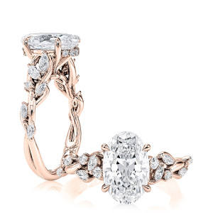 A.JAFFE MECOV4535L/347 14 Karat engagement ring, oval floral vine ring, angled and profile pair in rose gold with marquise accents