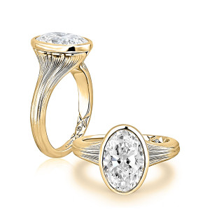 A.JAFFE MECOV4642L/301 14 Karat engagement ring, oval bezel engagement ring, angled and profile pair in yellow gold with fluted shank
