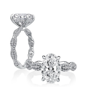 A.JAFFE MECOV4643QT/354 14 Karat engagement ring, oval twist pave ring, angled and profile pair in white gold with quilted interior