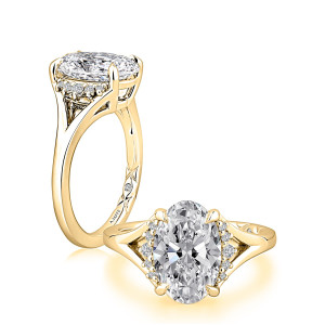A.JAFFE MECOV4646L/309 14 Karat engagement ring, oval split shank engagement ring in yellow gold, top and angled views