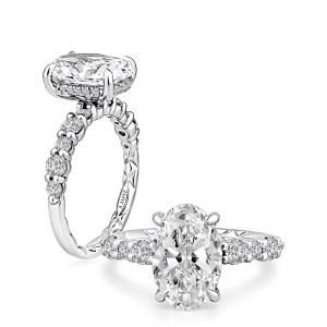 A.JAFFE MECOV4648Q/370 14 Karat engagement ring, oval engagement ring in white gold, angled standing and front view pair