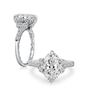 A.JAFFE MECOV4653Q/369 14 Karat engagement ring, oval engagement ring with graduated diamond accents in white gold, top and angled views