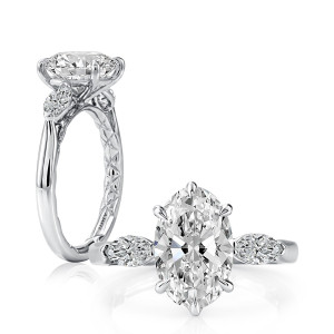 A.JAFFE MECOV4661Q/350 14 Karat engagement ring, oval three stone engagement ring with marquise sides, angled and top view in white gold
