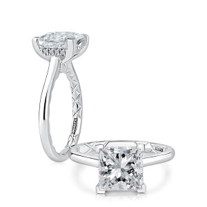 A.JAFFE MECPC4145Q/307 14 Karat engagement ring, white gold princess cut solitaire ring, angled and top views together